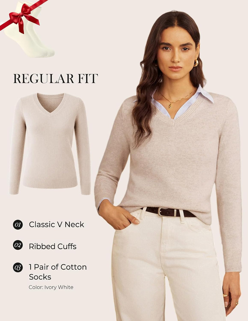 GRACE KARIN Cashmere Sweaters for Women V Neck Merino Wool Fall Sweater