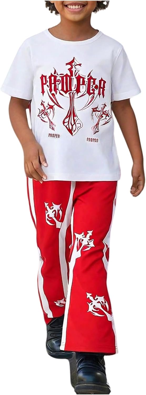 VIPWOLF Boy's Clothing Sets 2 Piece Gothic Cross Graphic Tees and Color Block Flared Sweatpants Casual Outfits