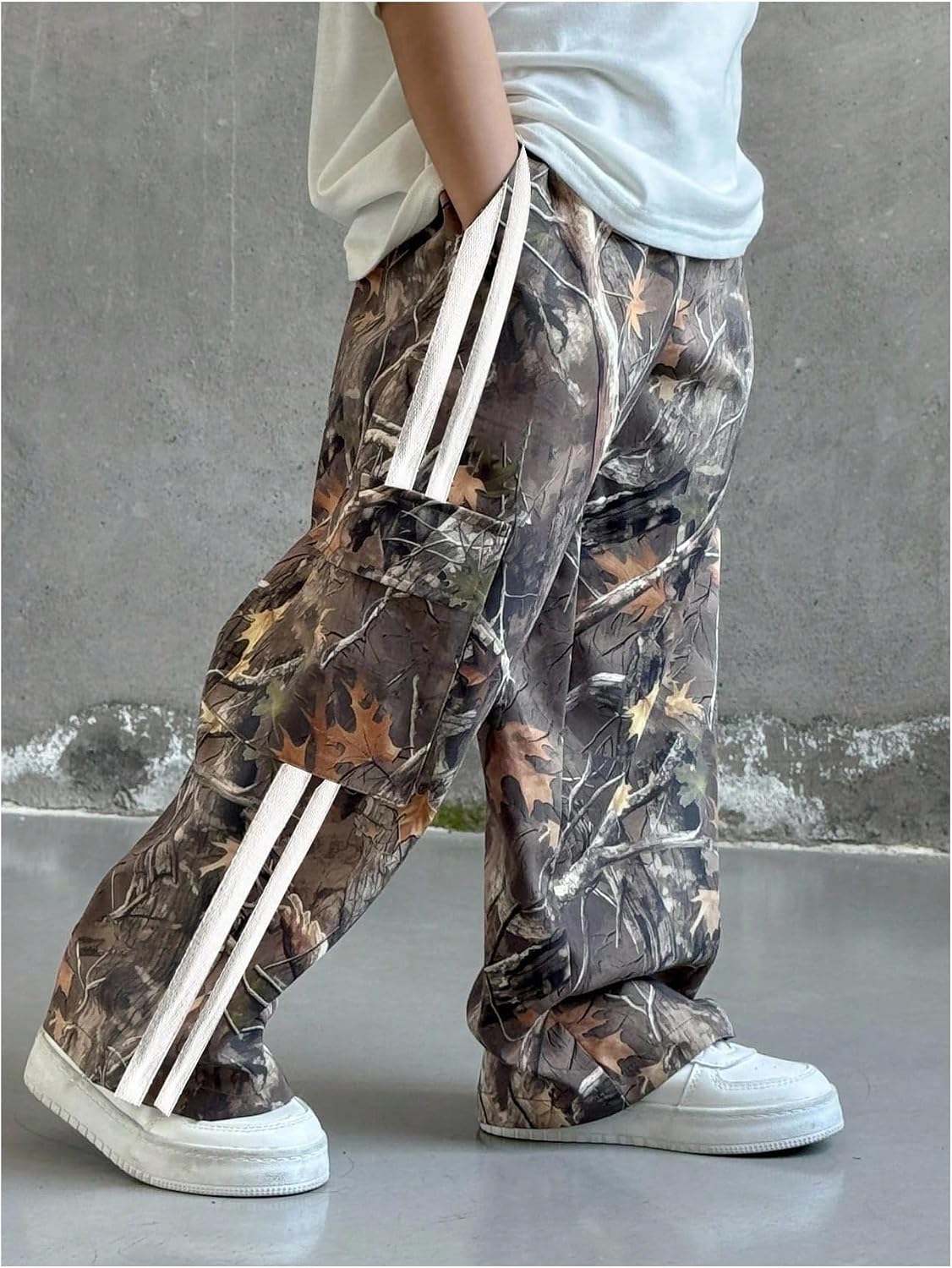 VIPWOLF Boy's Camo Pants Cargo Side Striped Baggy Wide Leg Track Pants