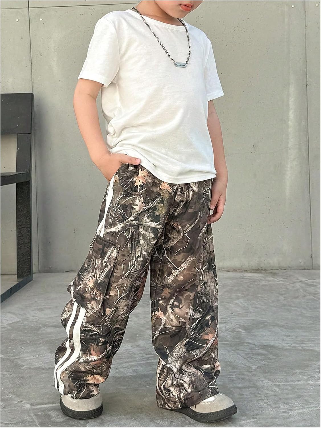 VIPWOLF Boy's Camo Pants Cargo Side Striped Baggy Wide Leg Track Pants