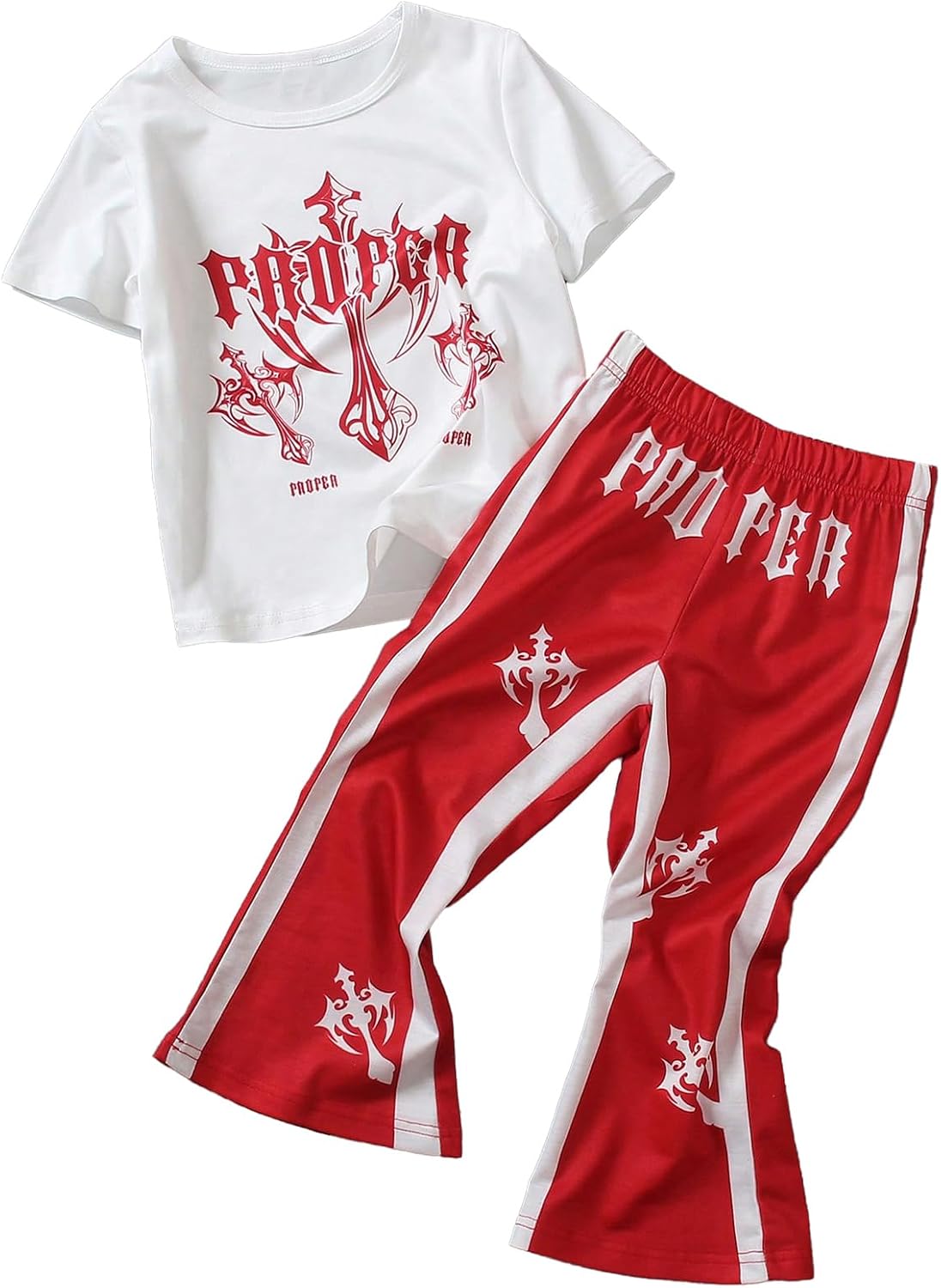 VIPWOLF Boy's Clothing Sets 2 Piece Gothic Cross Graphic Tees and Color Block Flared Sweatpants Casual Outfits